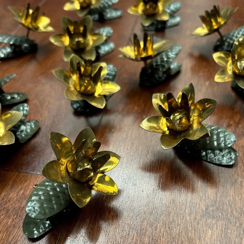 Vintage 1940s Gold & Green Metal Floral Clip-On Christmas Tree Candle Ornaments